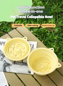 3-in-1 Pet Travel Collapsible Bowl Foldable Slow-Feeder With Strong Suction Cups  Portable Silicone Dog Bowl With Hook For Hanging On Collar/Back (Option: Blue-650ml)